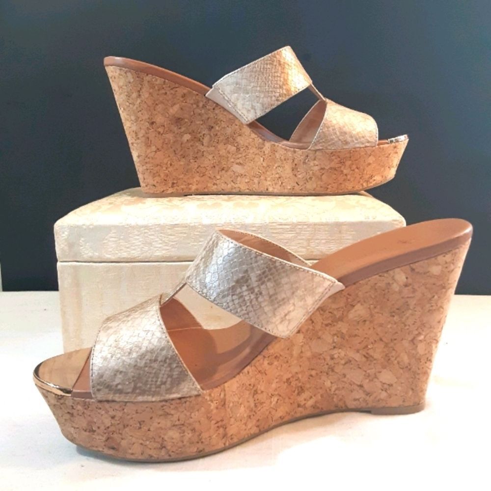 Boston Proper Beige/Gold Cork Wedge Heel sz 10M